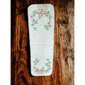 Vtg Embroidered Butterfly Floral Round Edge Table Runner Dresser Scarf 38”x 12”